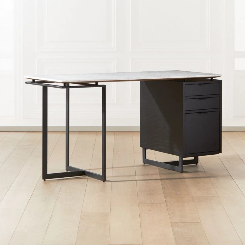 Fullerton 3-Drawer Black Metal And Oak Wood With White Marble Top - Image 2